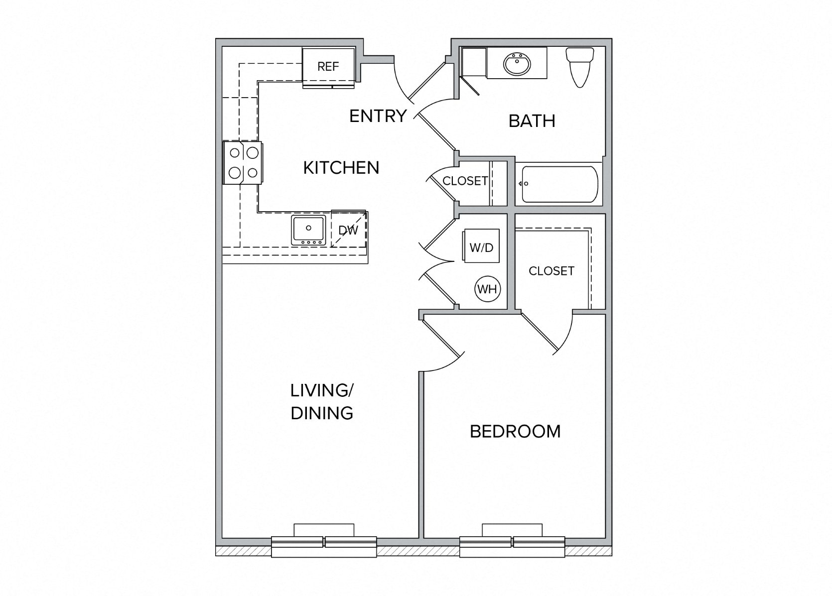 Floor plan for 1 bed, 1 bath, 696 sqft